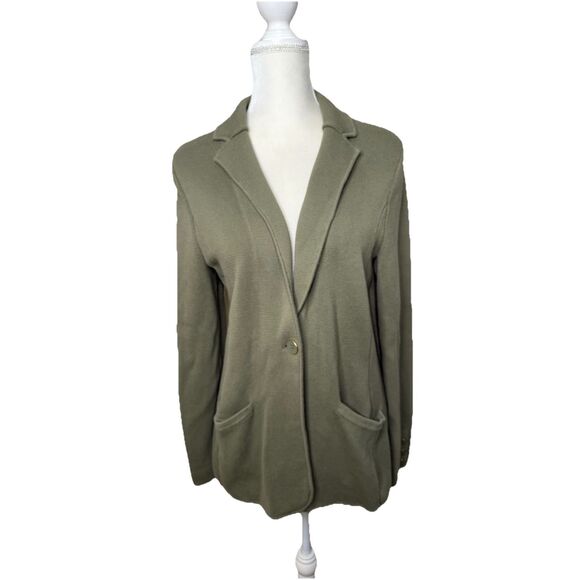 Talbots Size L Cotton Stretch Sweater Blazer Pockets Olive Green Knit Soft - Picture 1 of 9